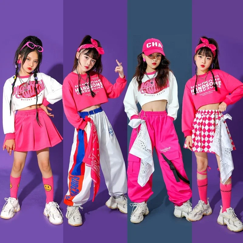 Teenage Girls Hip Hop Clothes Children Crop Top Cargo Pants Plaid Skirt Kids Streetwear Jazz Cheerleader Street Dance Costume