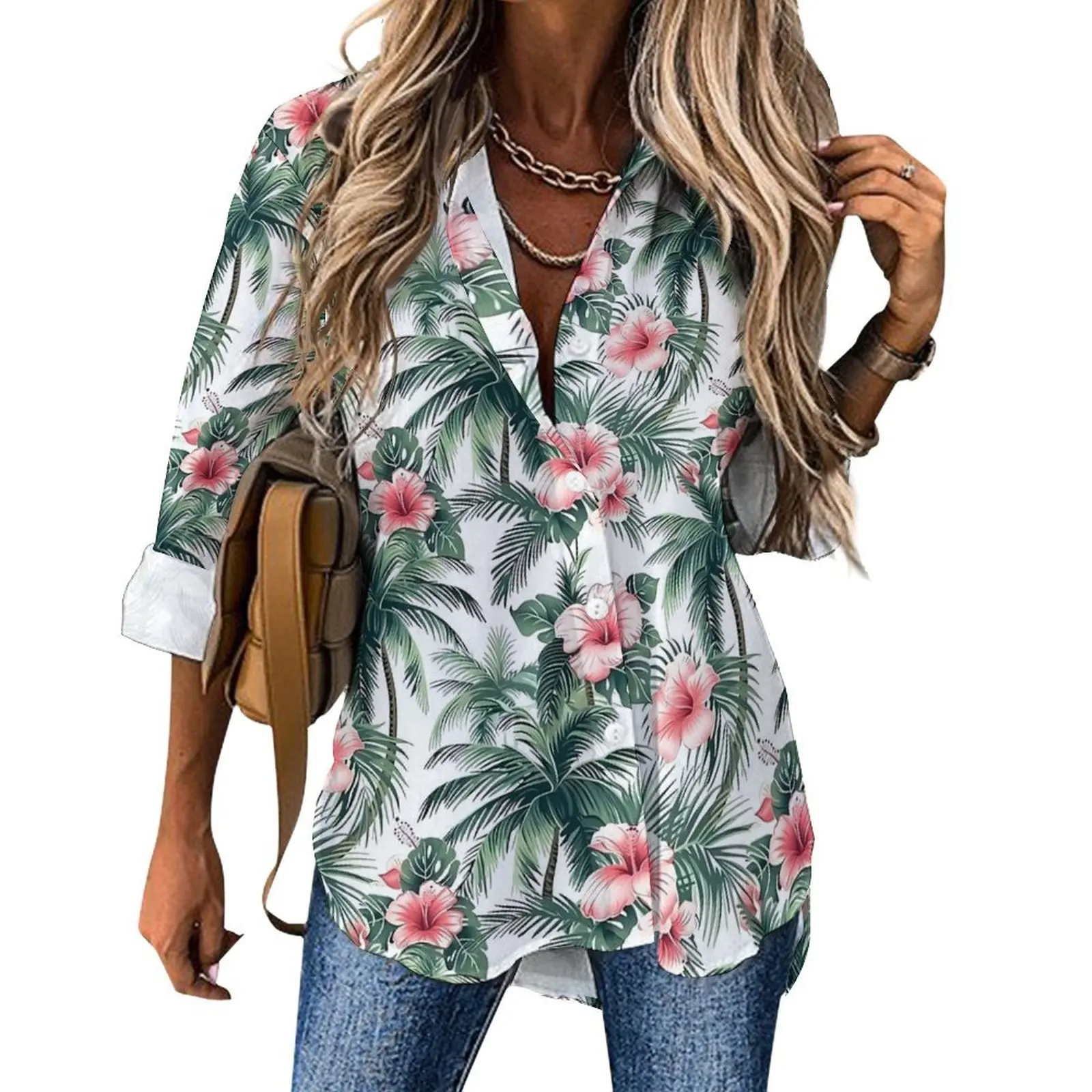 Tropical Flower Casual Blouse Hawaii Pink Hibiscus Pattern Blouses Woman Long-Sleeve Street Wear Shirts Spring Oversized Tops