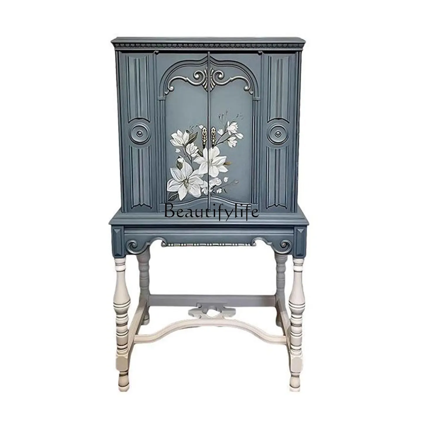 

French painted retro solid wood wine cabinet multi-functional wall storage entrance high cabinet