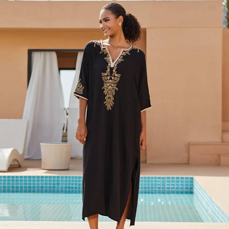 Sexy V Neck Solid Color Loose Fit Bikini Cover Up Dress Beach Vacation Sunscreen Outwear