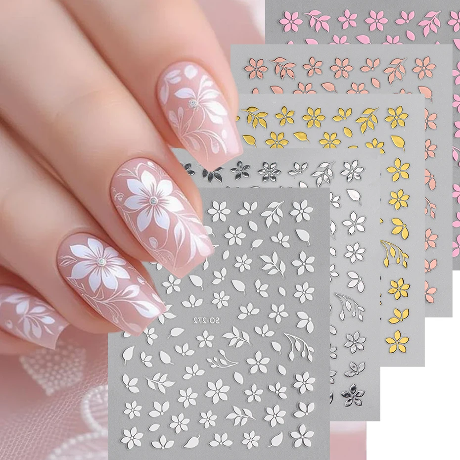 5 Farben florale Nagelaufkleber, weiße, einfache Blütenblätter, Blätter, Pflanzen-Nagelaufkleber, geeignet für Nageldekoration, DIY-Nageldesign