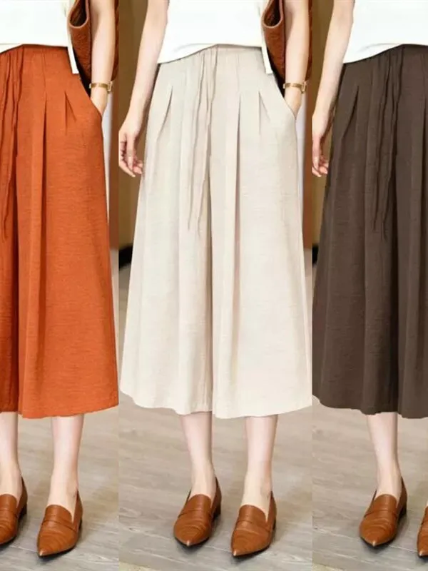 

Summer New High Waist Thin Ice Silk Pleated Wide Leg Skirt Pants Casual Loose Women's Trousers Elegant Versatile Mom Pants