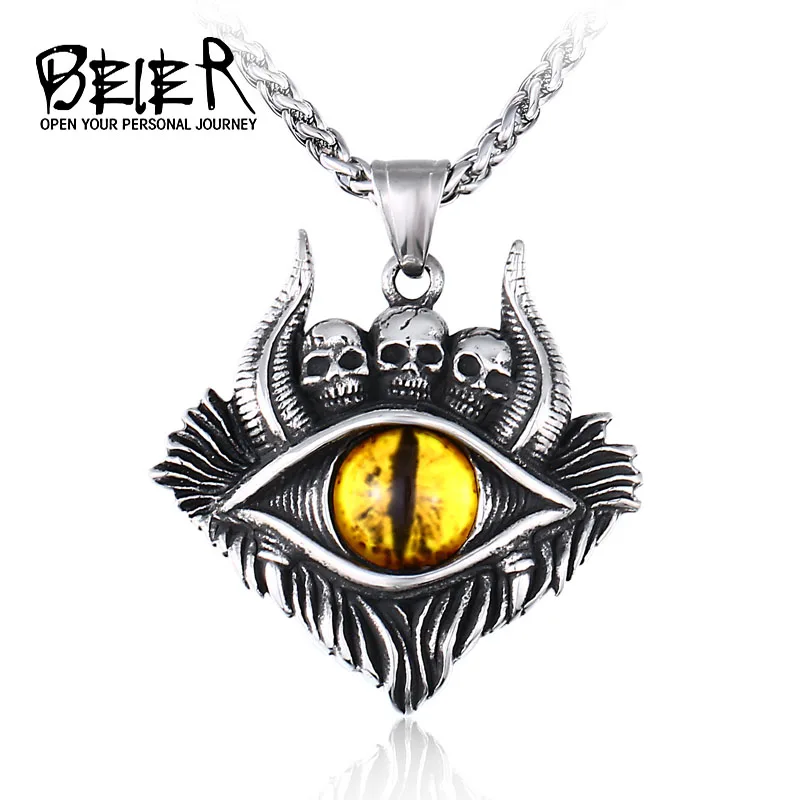 BEIER 316L stainless steel Devil\'s Eye Men\'s Pendant Necklace Punk SKULL Amulet High Quality Jewelry BP8-678