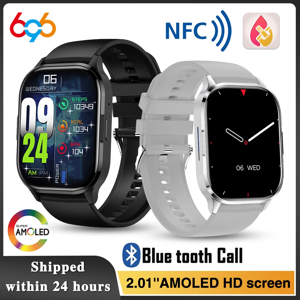 AMOLED 2.01 "ผู้ชายผู้หญิงฟันสีฟ้า Call กีฬาฟิตเนสสมาร์ทนาฬิกา Heart Rate กันน้ํา Voice Assistant นาฬิกา NFC Smartwatches