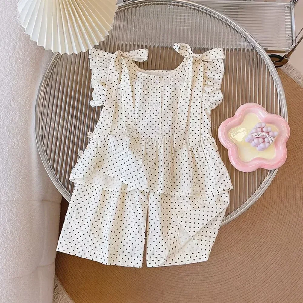 Girls Suit Korean Version Summer New Bow Decoration Polka Dot Flying Sleeve Top + Shorts Two-piece Set 3-7 Years Old Kids Wear