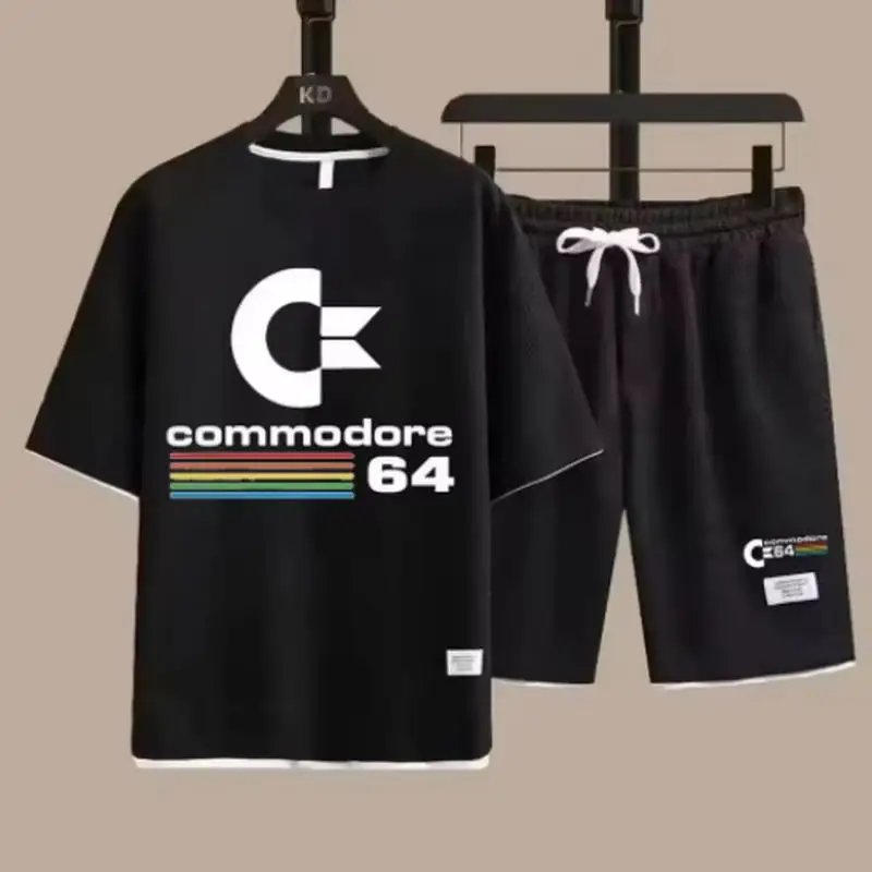 

Commodore 64 C64 Man Tracksuit 2Piece Sets New Waffle Crewneck Tshirt & Shorts Sportwear Suit Mens Tees Short Pants utfits