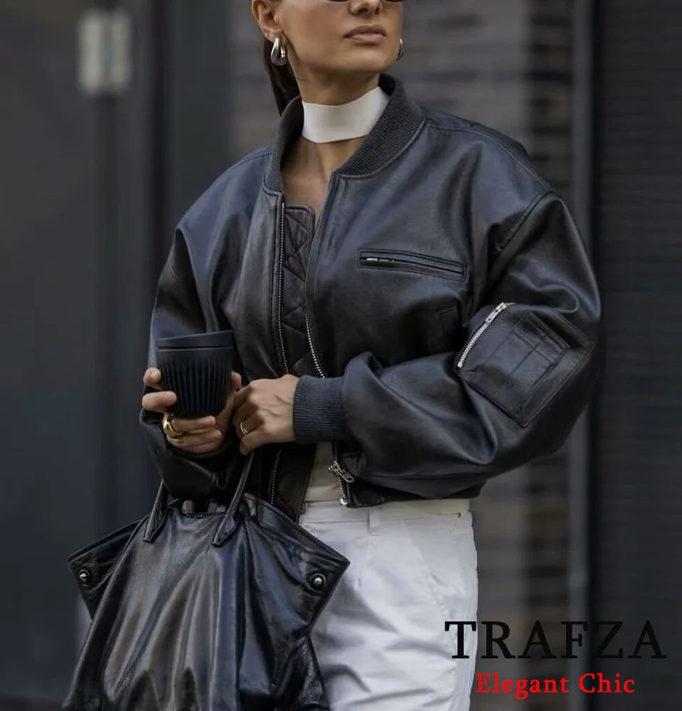 TRAFZA-Veste en Cuir PU pour Femme, Blouson Rembourré à Col Rond avec Poches et Fermeture Éclair, Vintage, Automne Hiver 2024