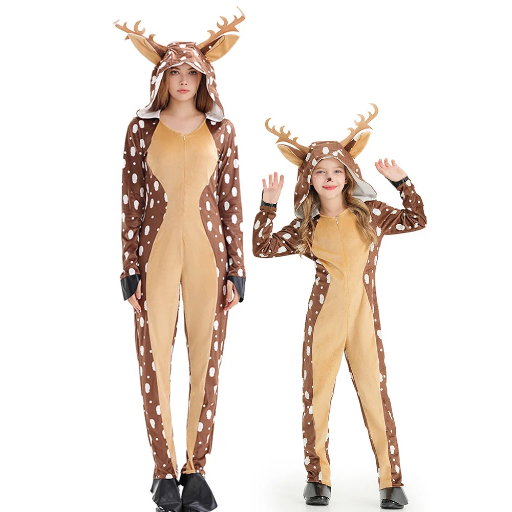 Cute Christmas Elk Cosplay Hooded Costume Khaki Sika Deer Animal Parent-Child Jumpsuit for Women & Girl Crystal Velvet Sleepwear