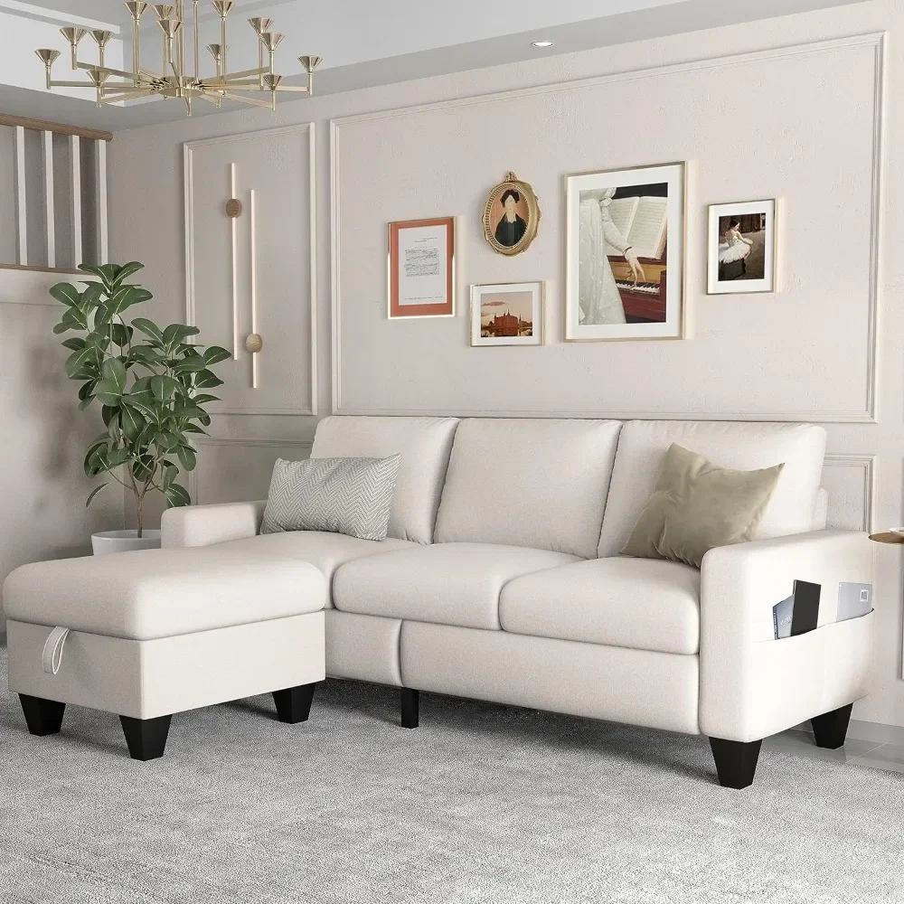 Modular sofa, Beige linen modern 3 seater L shaped upholstered furniture, Reversible footrest with storage and pockets