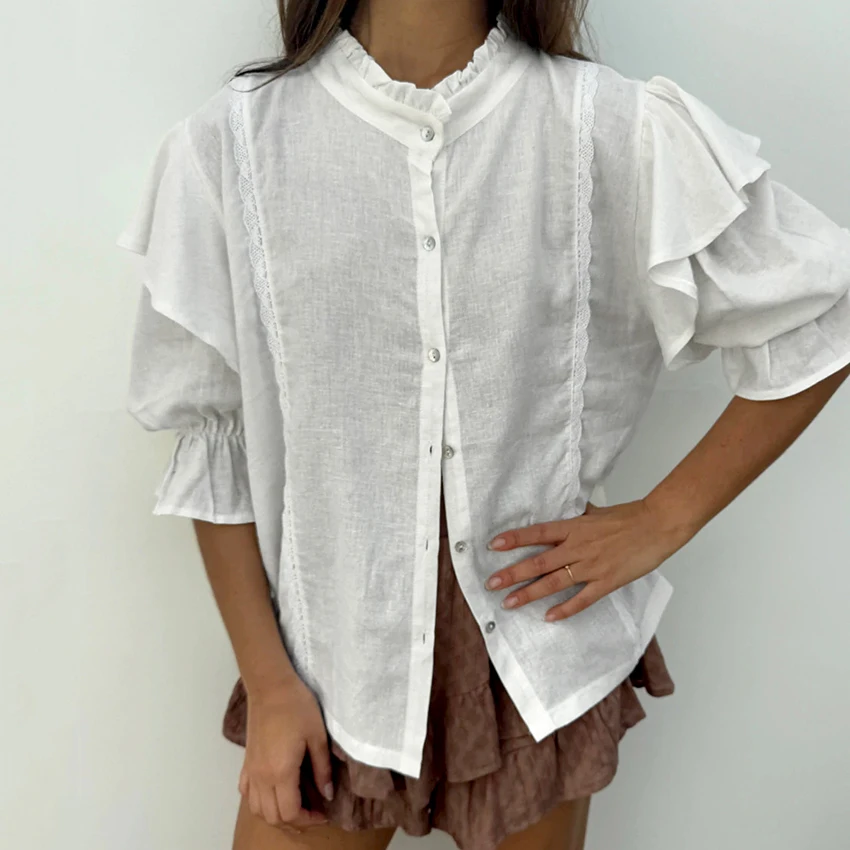 

Linad Vintage White Ruffles Stand Collar Shirts Female 2026 Elegant Lace Puff Sleeve Woman Blouse Casual Cotton Long Sleeve Tops