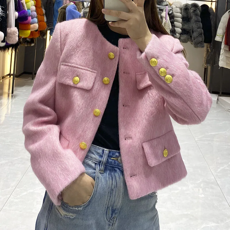 JANEFUR 2024 Spring Women Pink Wool Jackets Round Neck Long Sleeve Gold Button Single-Breasted Loose Fashion Short Woolen Coats