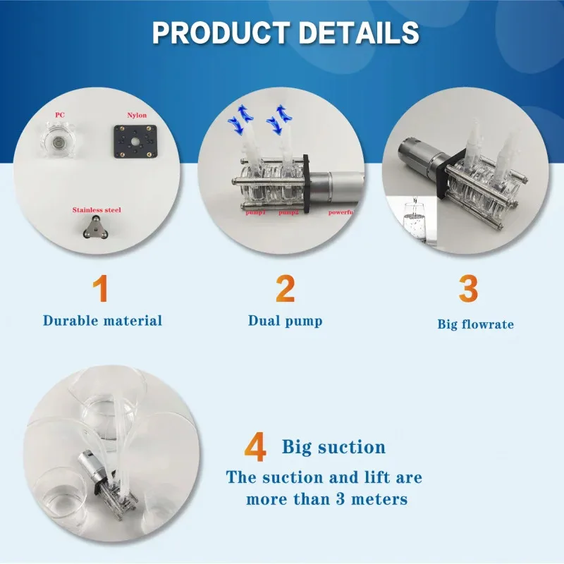 Peristaltic Pump, Water Pump, Dosing Pump, Dual Pump Head, 12V 24V DC, High Flowrate For Aquarium Lab Analytical