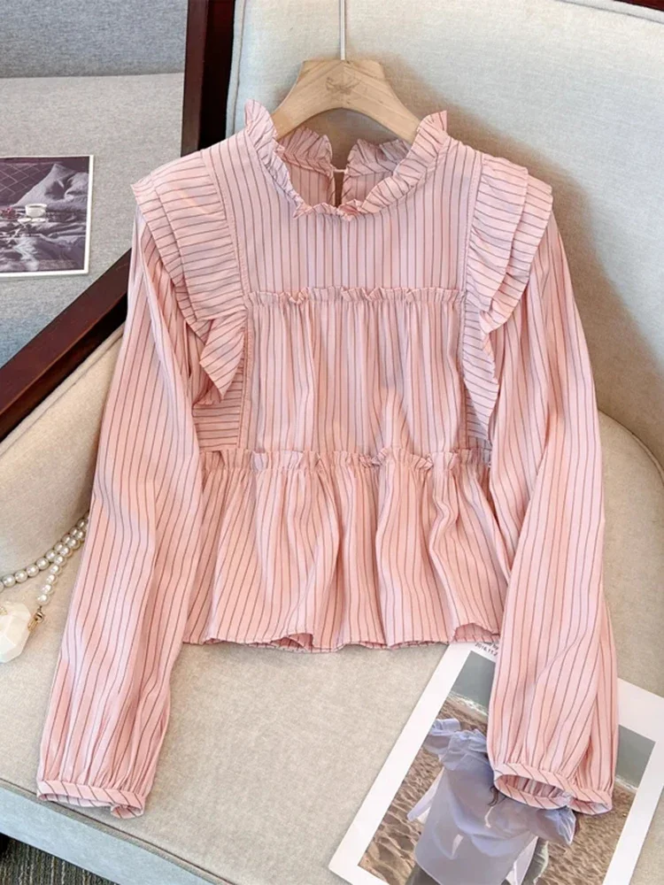 

French Vintage Vertical Striped Loose Women Blouse Sweet Ladies Elegant Blouse Female Pink White Chicly Ruffles Collar New Top