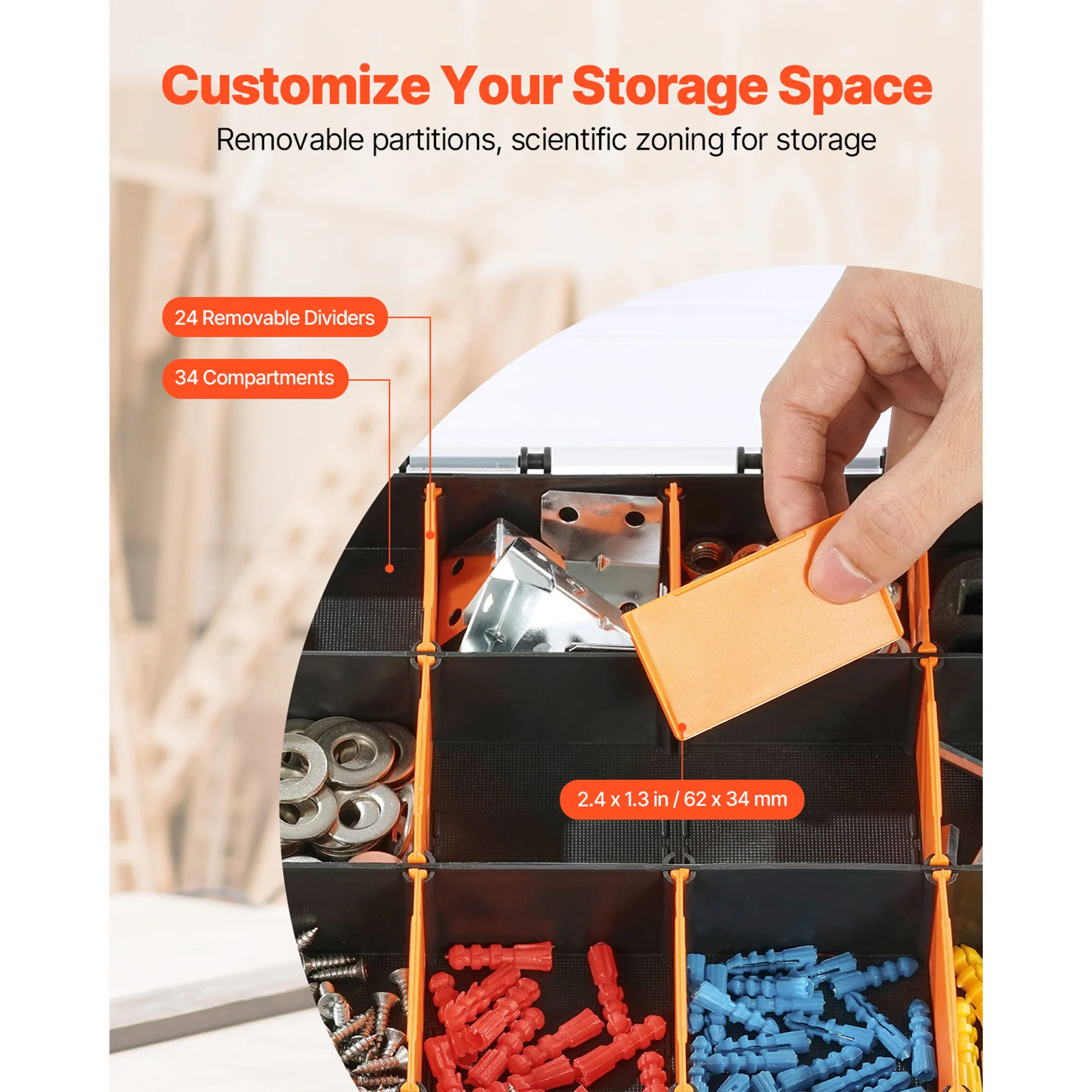 Small Parts Organizer, 34-Compartment Double Side Tools Organizer Box with 24 Removable Dividers, PP Hardware Storage Box with Safety Latch & Portable Handle for Nuts, Bolts, Screws, Nails