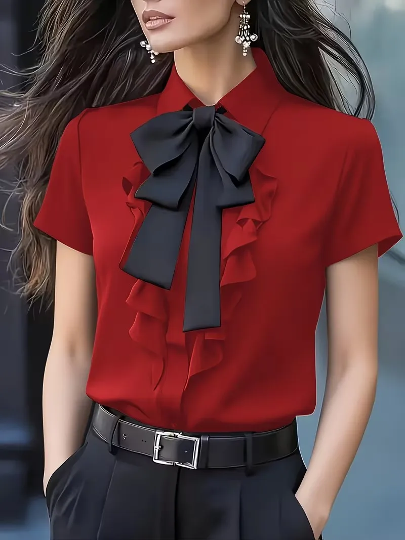 

Elegant Ruffle Bow Tie Short Sleeve Blouse for Women Office Business Casual Workwear Shirt
