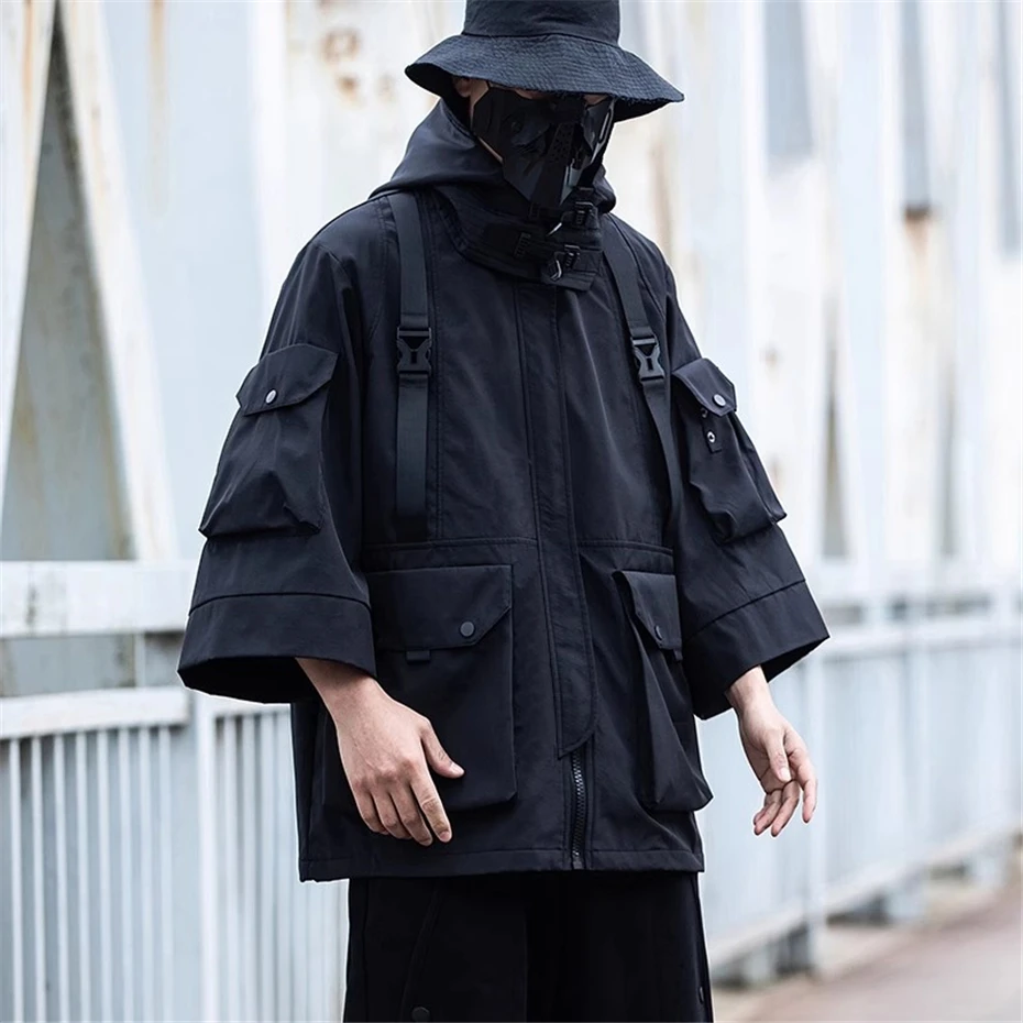 Techwear Tactical Jackets Men Multi Pocket Vintage Windbreaker Mens Clothing Streetwear Harajuku Oversized Casual Hooded Coats