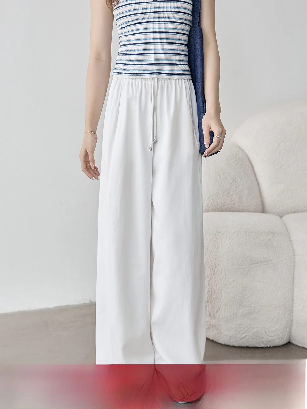 

Женские летние повседневные брюки с высокой талией и широкими штанинами, новый стиль, универсальные, свободные, стройнящие, с поясом, белые, на шнурке