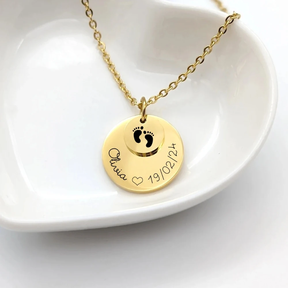 Personalized Double Medal and Carving, Mom Necklace, Grandma, Birth Gift, Private Customized Pendant