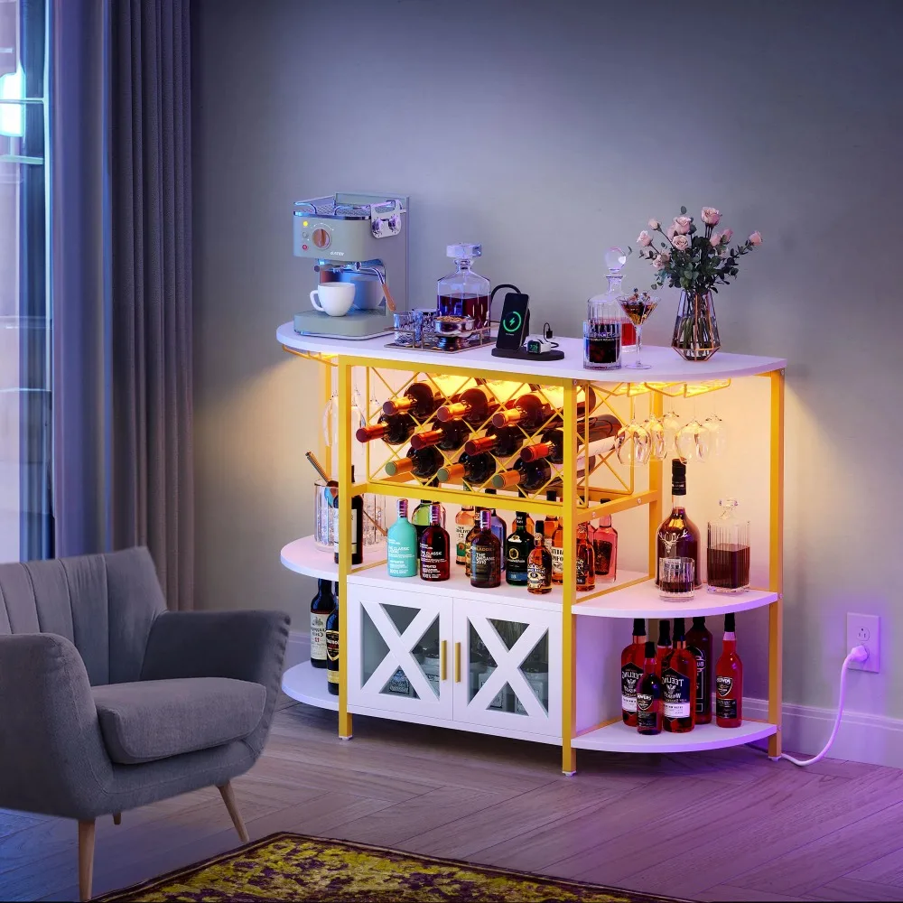 Bar Wine Cabinet with LED Lights and Power Outlets, 4-Tier Wine Rack Table for Liquor with Glass Holder and Wine Rack Storage