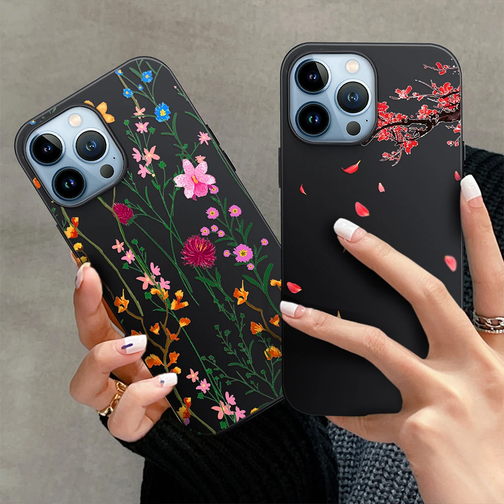 Petal Phone Case For iPhone 14 ProMax 13 mini Flower Soft Cases 12 11 Pro 7 8 Plus XR XS Max SE 2022 6 Black TPU Cover Fundas