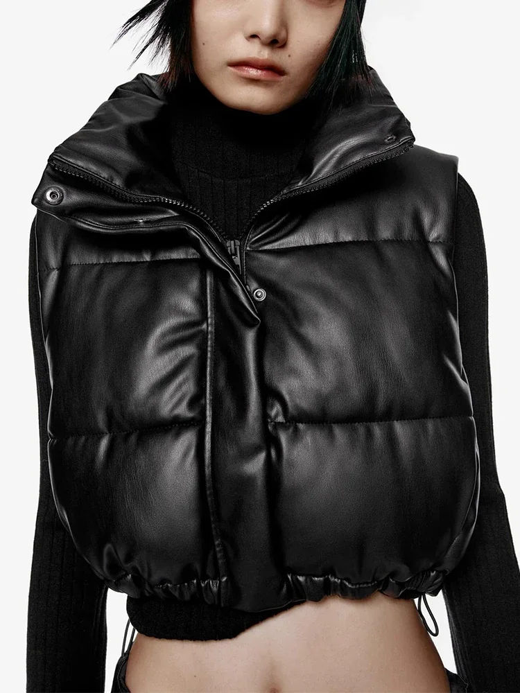 

Fashion Women Puffy Faux Leather Vest Winter Thick Parkas Jacket Black PU Female Coats Down Waistcoat Loose Lady Vest