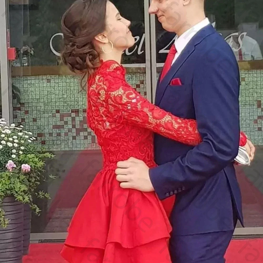 Customized New Classic Red Short Homecoming Dresses Lace Long Sleeves Cocktail Gowns High Neck Party  Mini Length Tiered Skirt