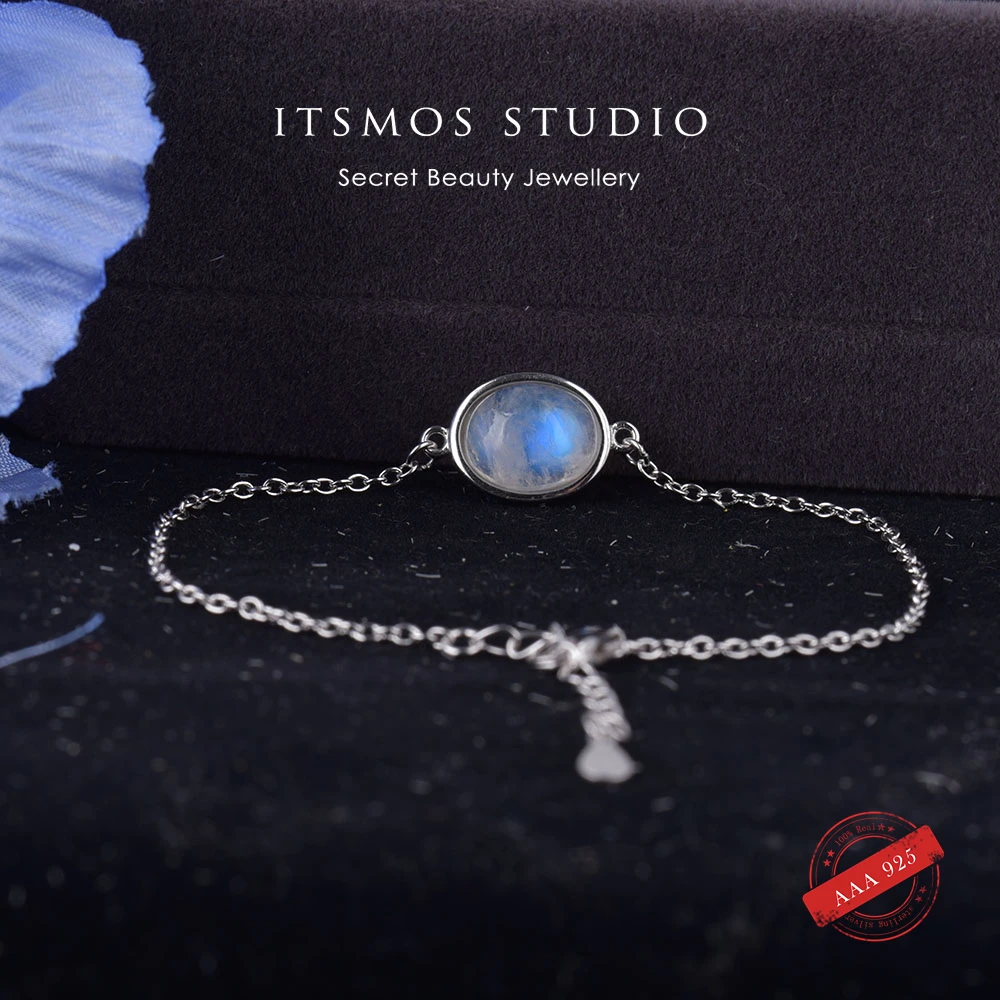 

ITSMOS S925 Sterling Silver Moonstone Bracelet Strong Blue Light Natural Stone Charm Bracelet for Girl Women Prefect Simple Gift