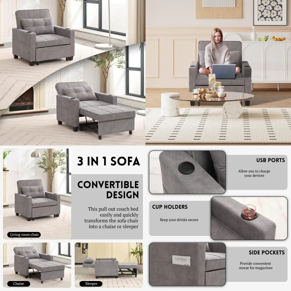 

Convertible Sleeper Sofa with Pullout Chair, USB Ports, Cup Holders, Adjustable Backrest for Comfortable Living Room Seating