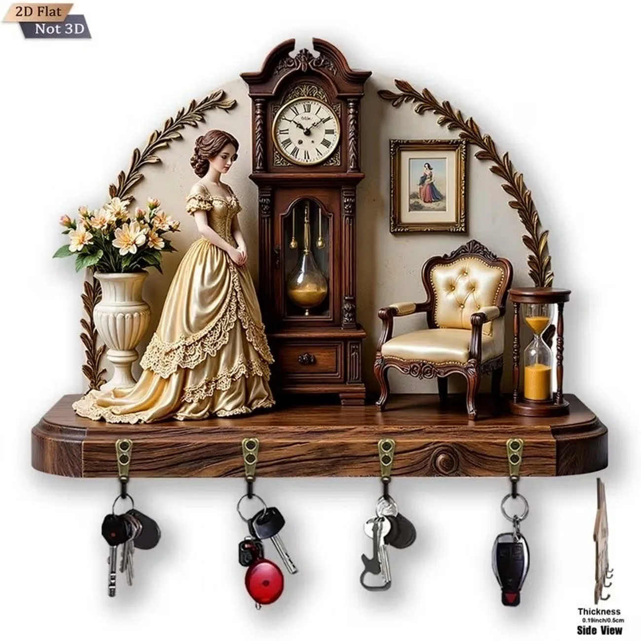 Wooden Key Holder 2D Flat Vintage Lady Clock Pattern Wall Mount Key Rack 4 Hooks Home Decor 1pc