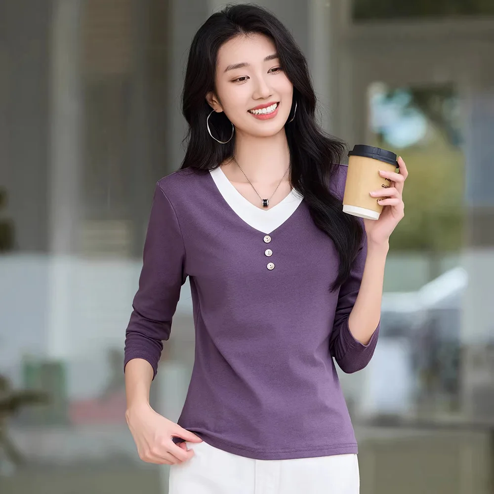 

New Women Simplicity Casual T-shirt Spring Summer Fashion Contrast Color V-Neck Long Sleeve Slim T-shirt Basic Patchwork T-shirt