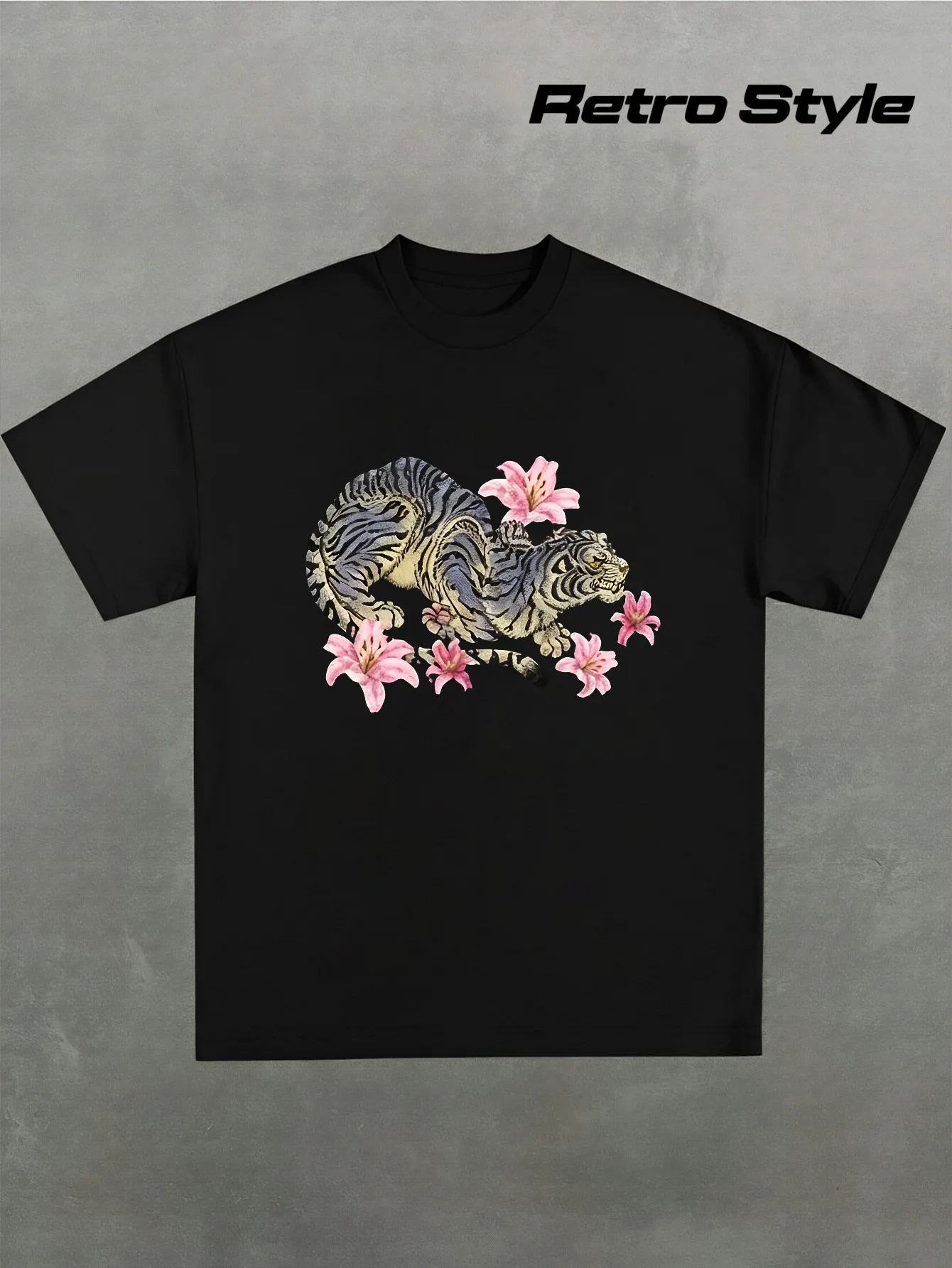 Men's & Women's Vintage Black T-shirt Retro Style Tiger and Pink Lily Print Cotton Casual Daily Wear Four Seasons T-shirt