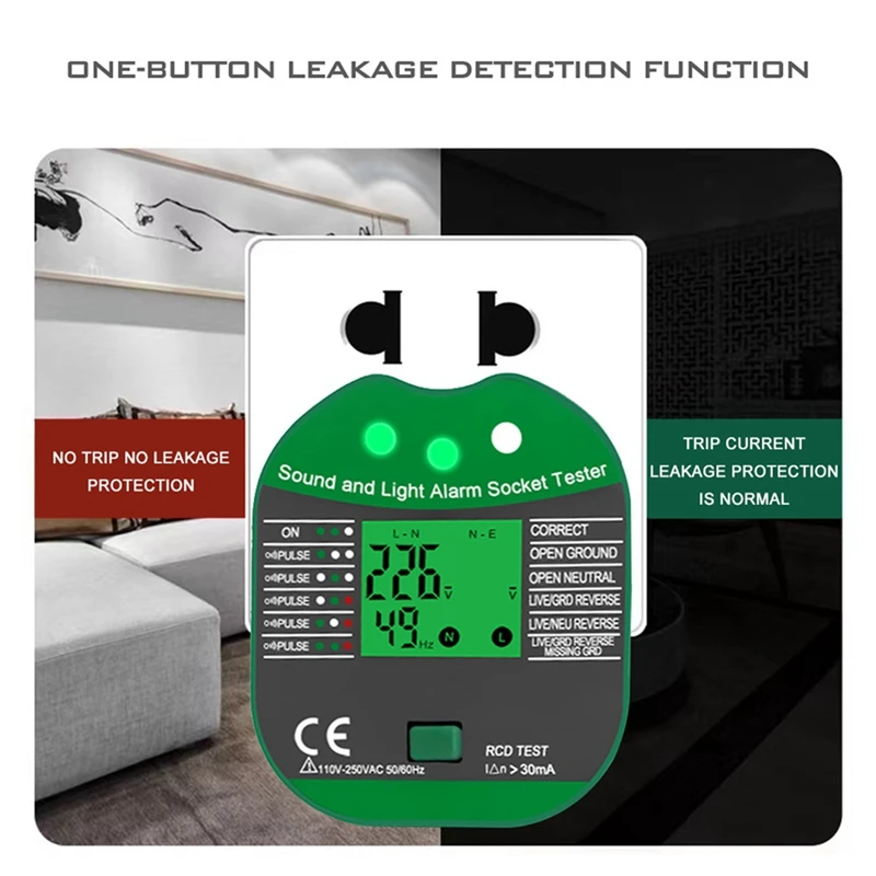 Socket Tester Voltage 30Ma RCD Leakage Test Smart Detector Zero Line Plug Polarity Phase Check Tool US Plug