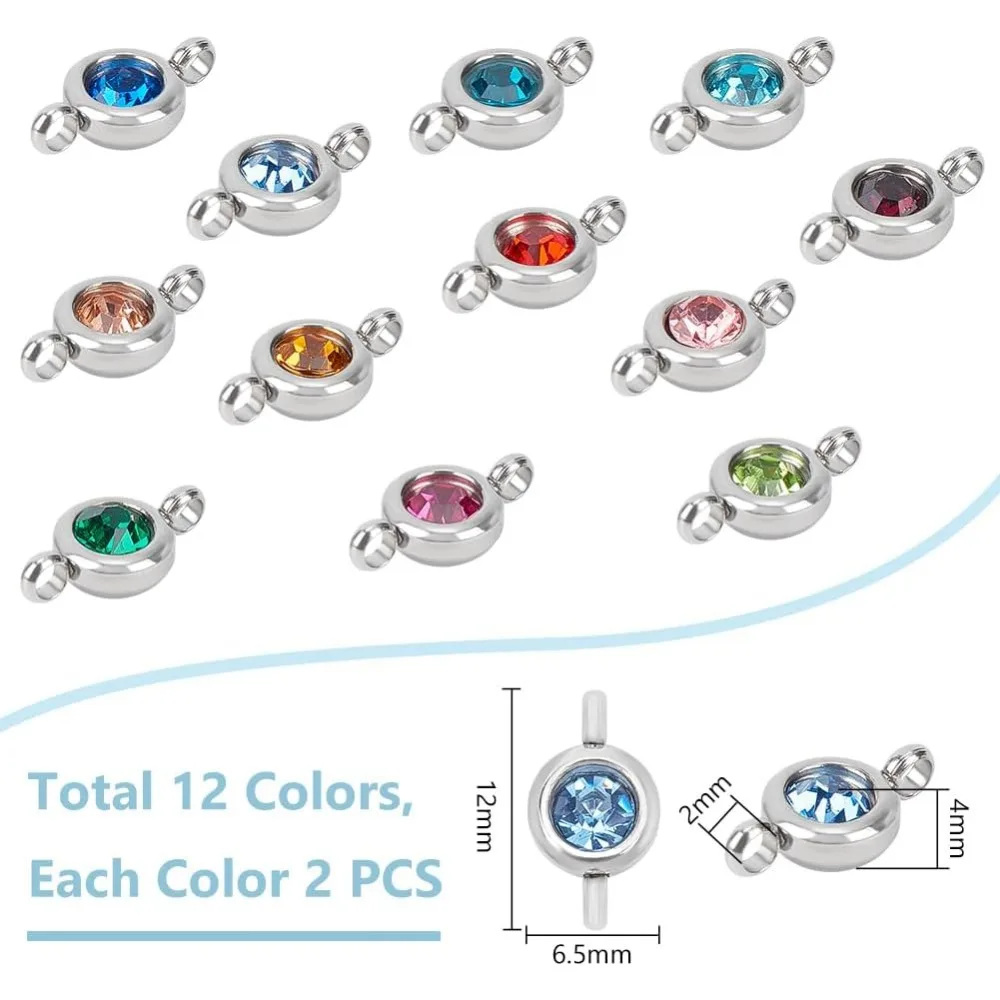 24 pz 12 colori cristallo birthstone charms acciaio inossidabile piatto rotondo strass connettore charms kit per la creazione di pietre preziose in vetro