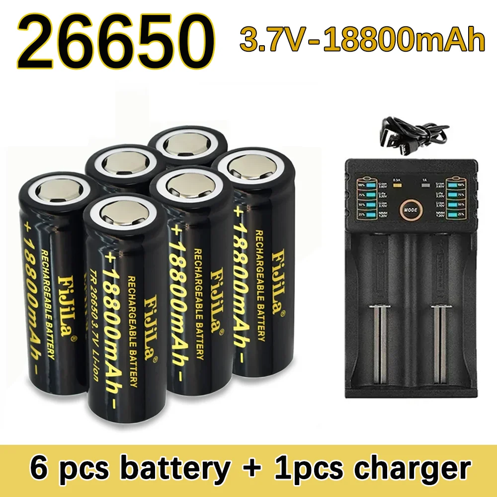 

2026 New High Quality 26650 Battery 18800mAh 3.7V Lithium Ion Rechargeable For LED Flashlight+ Charger
