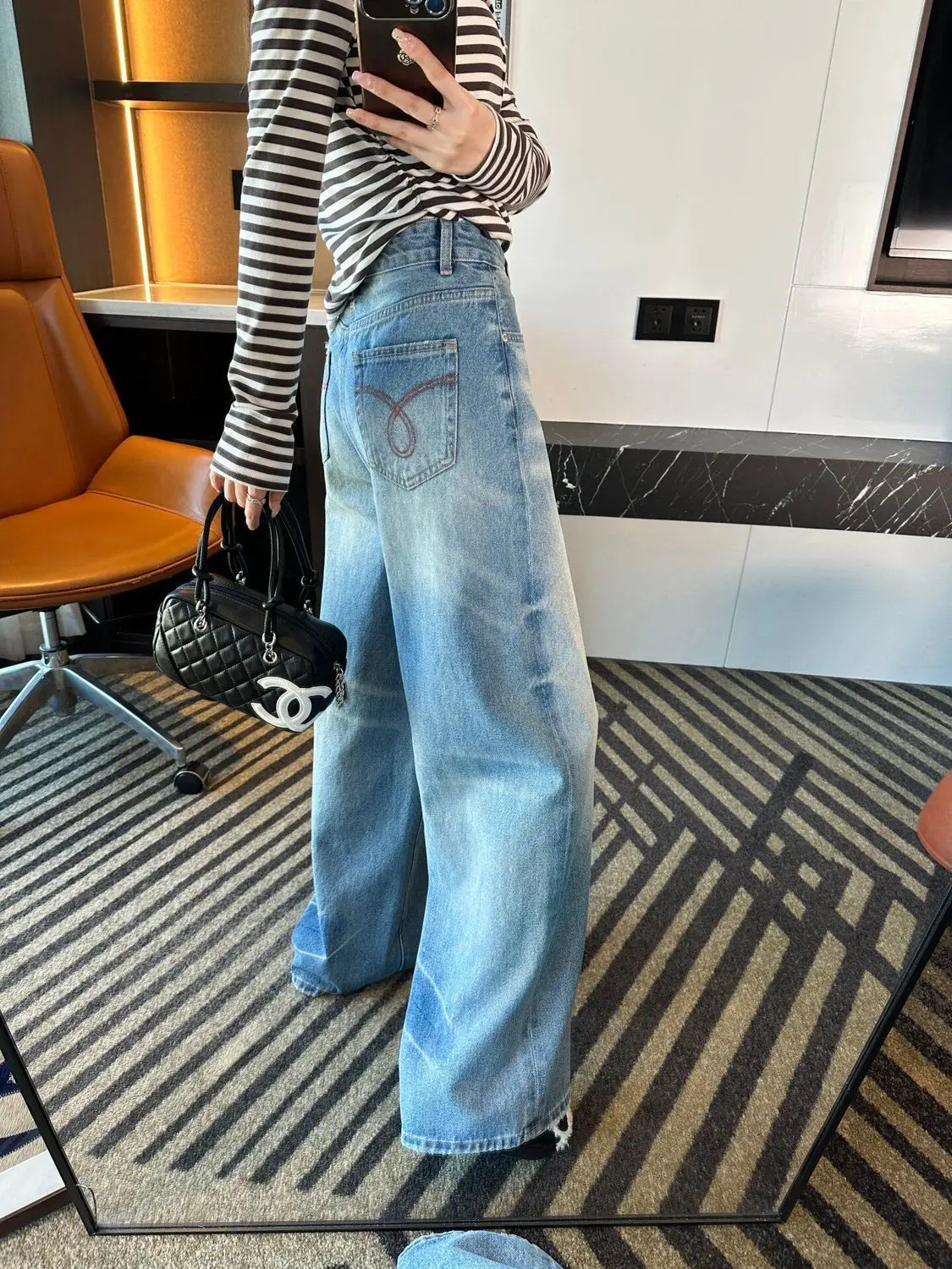 High Waist Wide Leg Retro  Mustache Washed Embroidered Denim Jeans Women's Loose Fit Straight Long Pants Autumn New Style