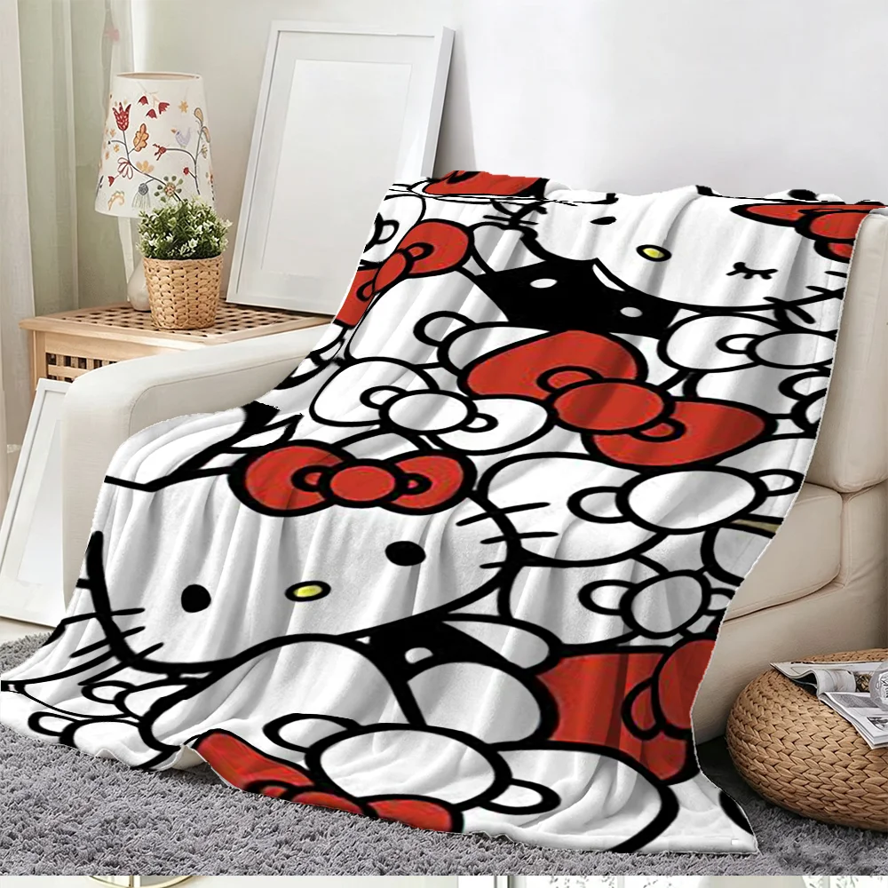Soft Flannel Throw Blanket Cartoon Cat Red Bowknot Print Warm Fleece Blanket for Sofa Bed Living Room Home Decor