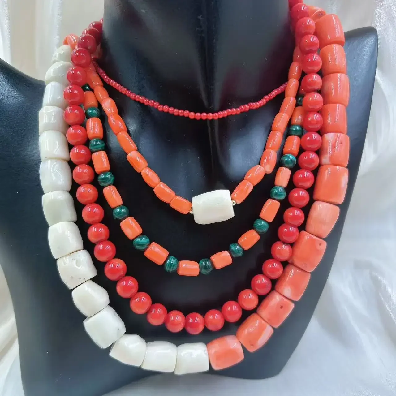 Orange Red Vintage Round Natural Sea Bamboo Coral Women Jewelry Short Collar Necklace 17-20inch