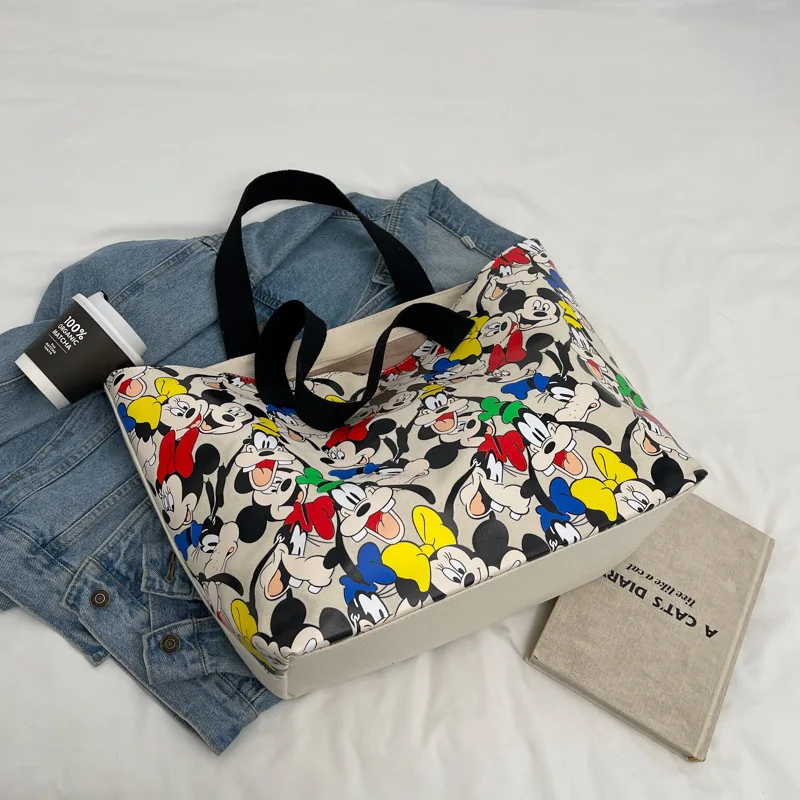 Cartoon Mickey And Minnie Printing Canvas Handbags New High Capacity One Shoulder Shopping Bags Women Cute Simple Casual Totes