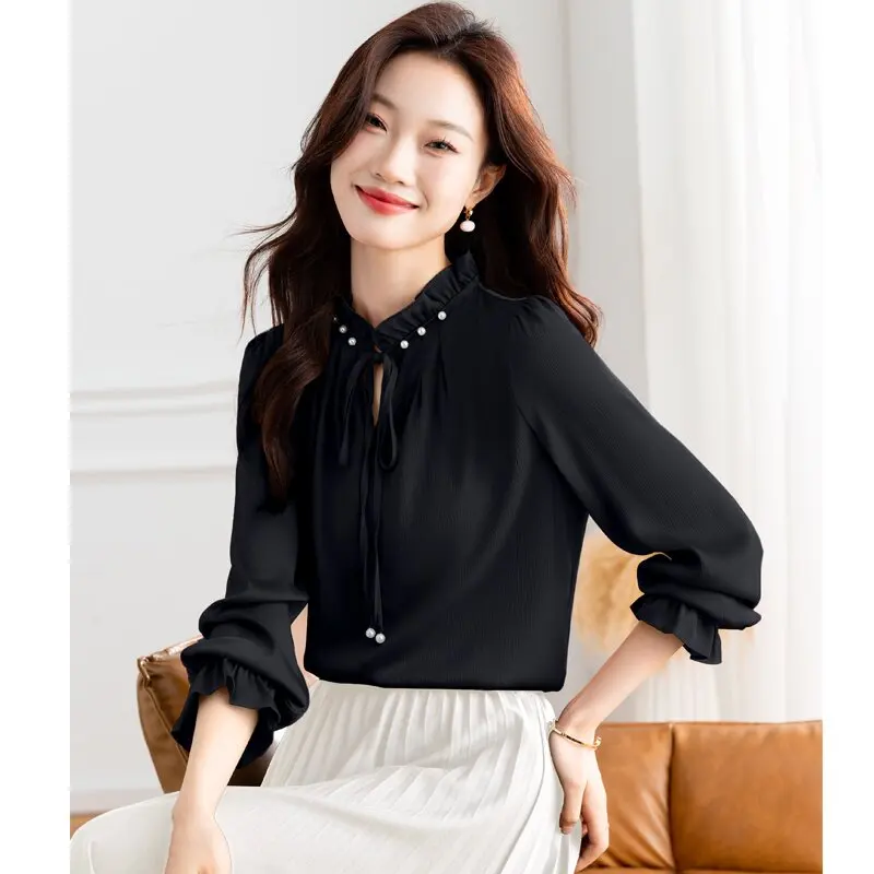 Elegant Fashion Beaded Satin Tops 2024 Spring New Long Sleeve Women Blouse Lace up Wooden Ear Collar OL Shirt Blusa