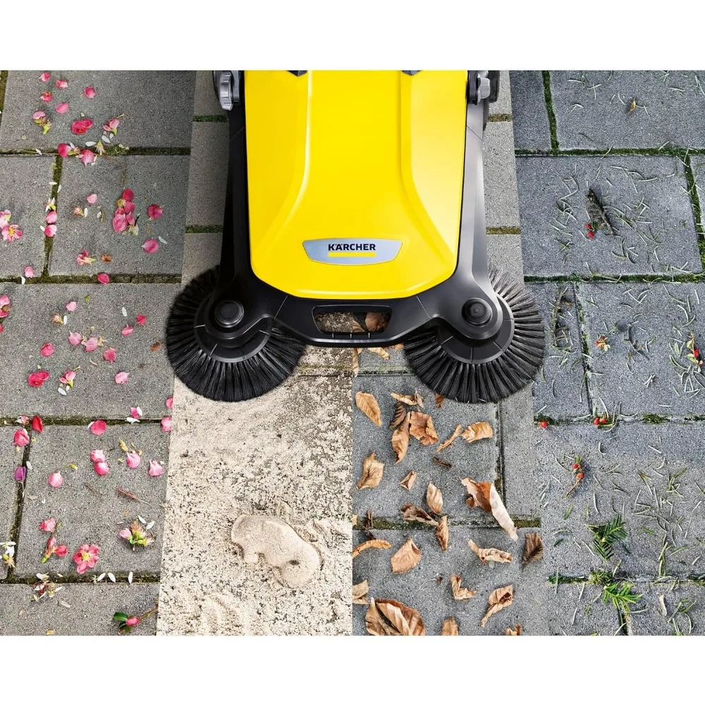 Twin Walk-Behind Outdoor Hand Push Sweeper - 5.25 Gallon Capacity - 26.8" Sweeping Width - Sweeps up to 26,000 ft²/Hour, Yellow