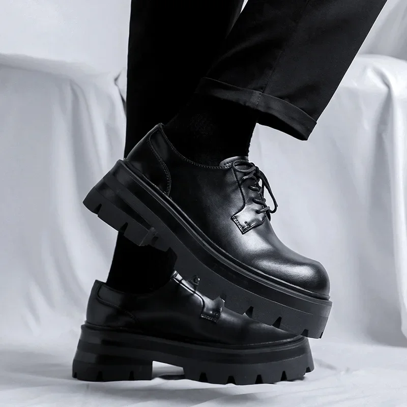 

PopFashion Mens Casual Leather Derby Shoes Men's Thick Sole Big Toe Trendy Shoes Men Lace-up Heightened Shoe #8133-R