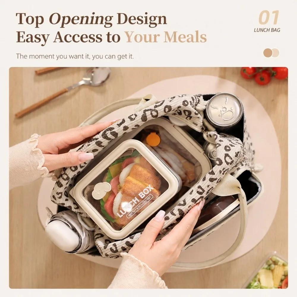 High Quality Corduroy Lunch Bag Portable Thermal Insulation Storage Handbag Leopard Print Floral Lunch Box Outdoor Travel