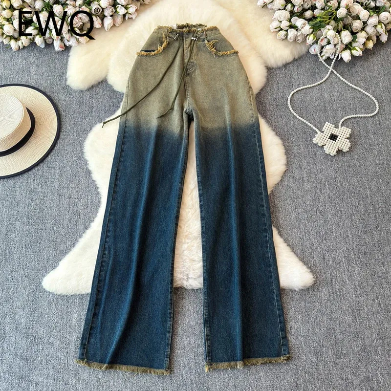 

EWQ Y2K Gradient Belt Denim Design Pants For Women Versatile Gathered Waisted Casual Contrast Color Jeans 2024 New 27X845