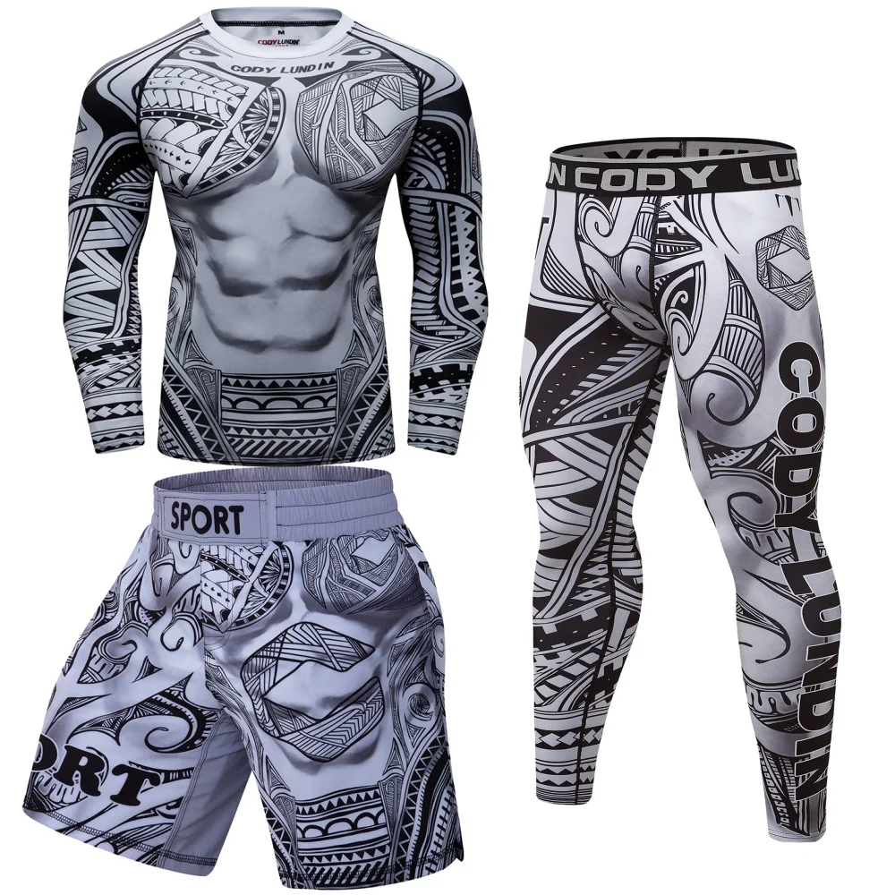 Men's Sport Compression Suit Running Set MMA Boxing Shorts Rashguard Workout Gym Clothing Sportswear Training Fitness Tracksuit