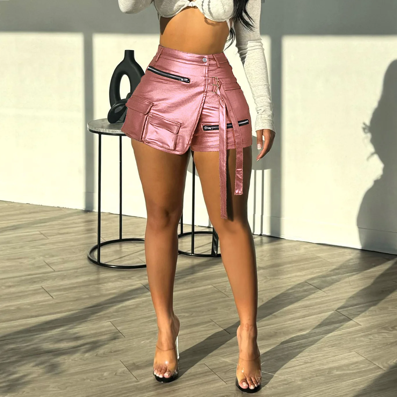 

New Women's Summer Fashion High Elasticity Irregular Multi-pocket Tooling A-word Shorts Europe and America