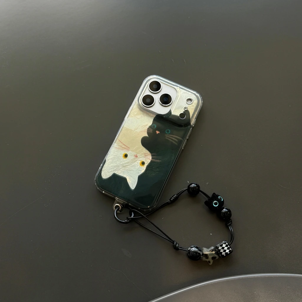 Cartoon Cute Black White Cats Wrinkled Texture With Lanyard Shock Proof Phone Cover Case for iPhone 17 16 15 14 13 Pro Max