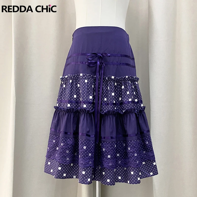 

Женская юбка REDDACHiC с кружевной отделкой, в стиле ретро, с эластичной талией, в горошек, А-силуэт, с бантом, оборками, пэчворк, миди, длинная, летняя одежда