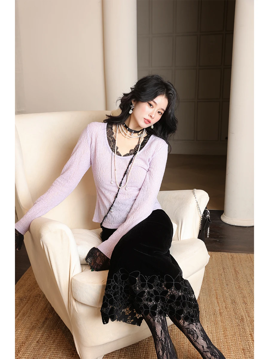 

Импортный топ из австралийской шерсти с вышивкой, эластичными кружевными вставками, стрейч-вязкой и V-образным вырезом, длинный рукав, стандартный крой