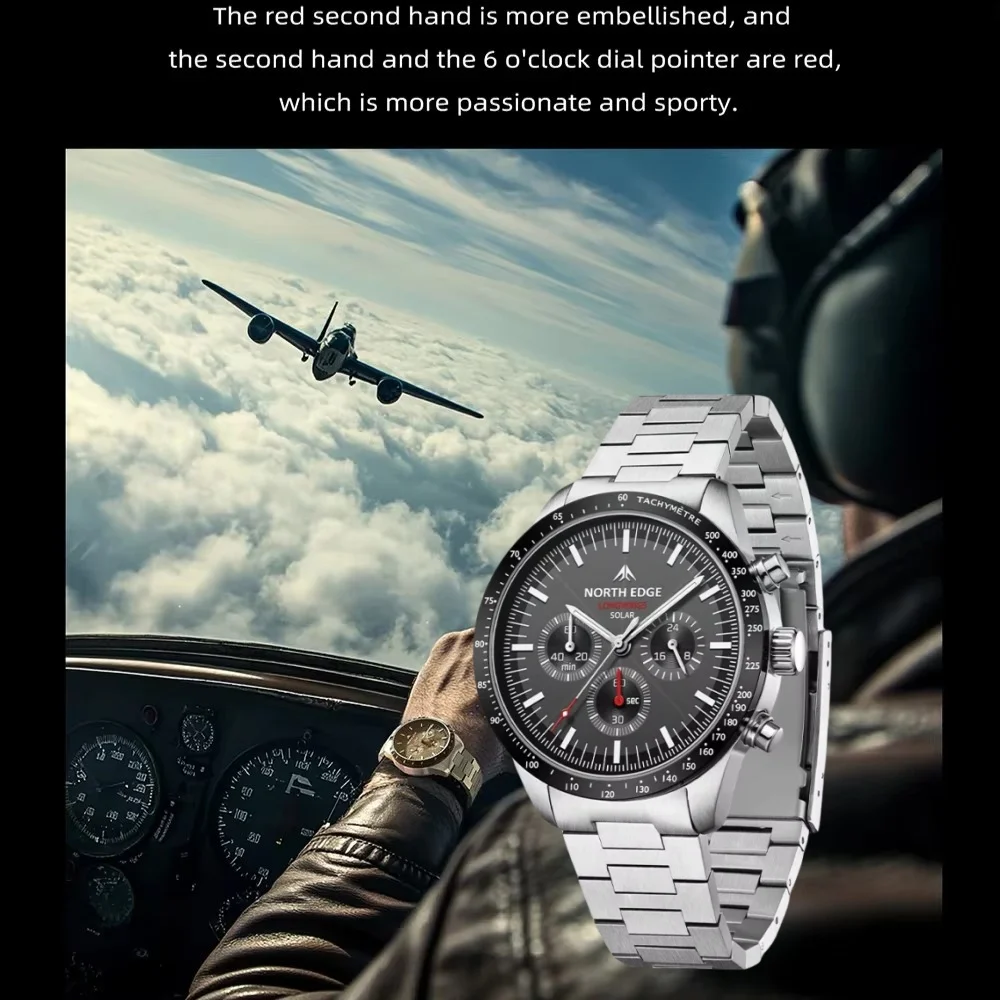 

NORTH EDGE LONGWINGS Solar Watches for Men New Pilot Series Chronograph 50M Waterproof 316 Stainless Steel Mens Watch with Box