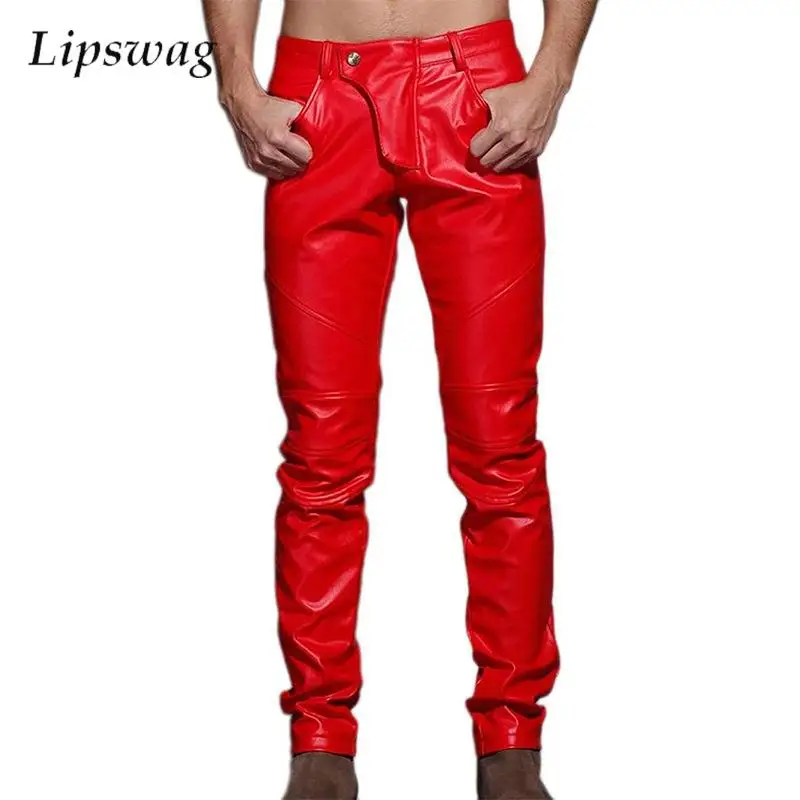 

Эластичные облегающие брюки из искусственной кожи, мужские модные однотонные кожаные брюки для ночного клуба, винтажные мужские лоскутные кожаные штаны
